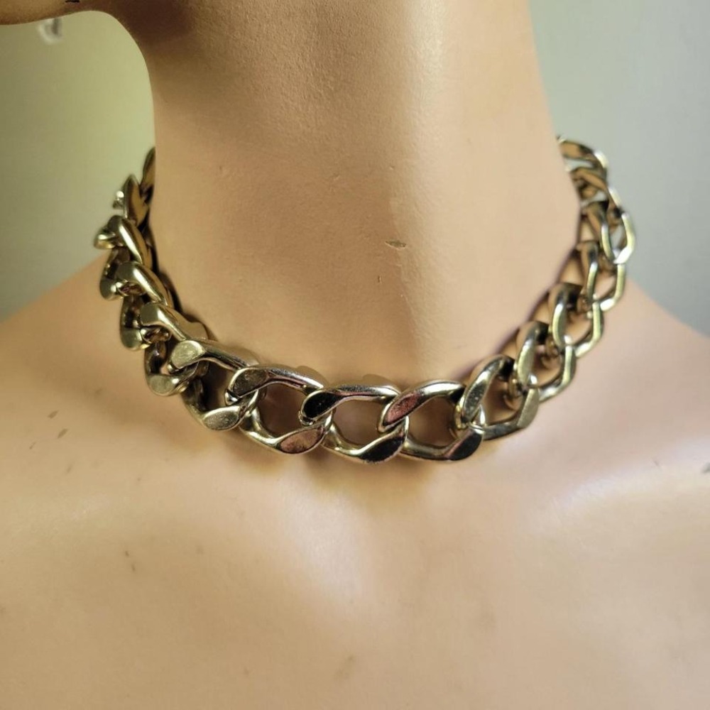 Gold Tone Chunky Curb Chain Statement Choker Necklace Streetwear Vintage 90s